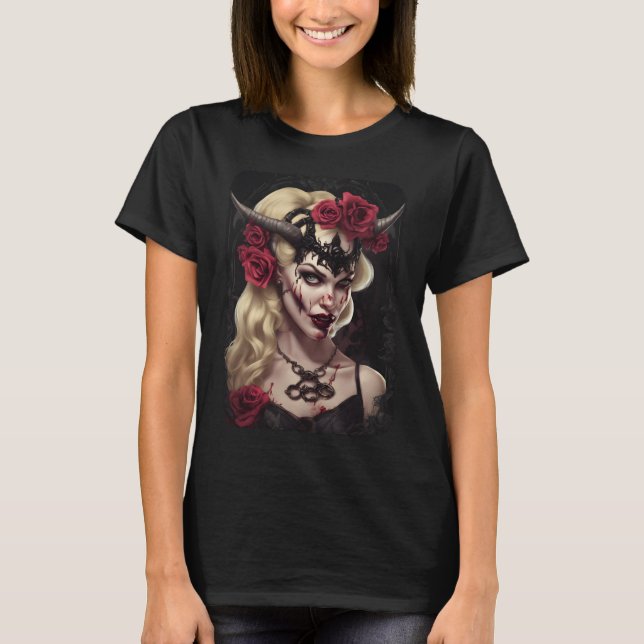 Gothic Vampire Queen T-Shirt | Dark Fantasy Horned (Front)