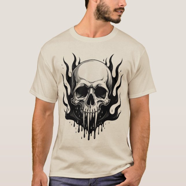 Gothic Vampire Skull with Dripping Black Flames T-Shirt (Front)