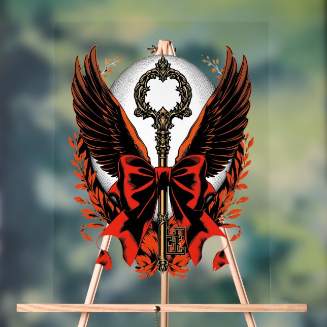 Gothic Velvet Bow Key with Wings & Moon Acrylic Sign (Neutral)