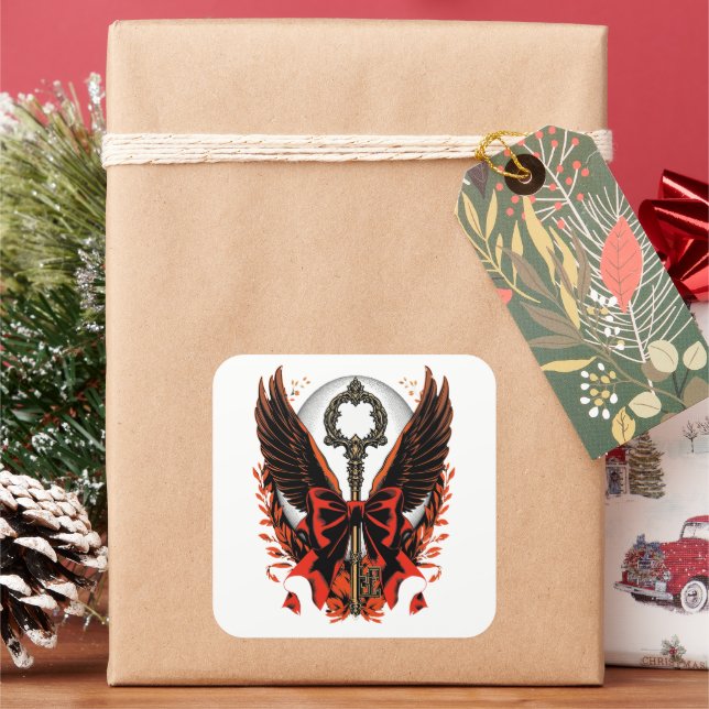 Gothic Velvet Bow Key with Wings & Moon Square Sticker (Holiday)