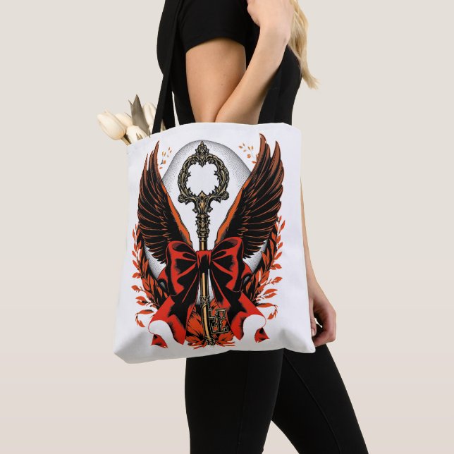 Gothic Velvet Bow Key with Wings & Moon Tote Bag (Close Up)