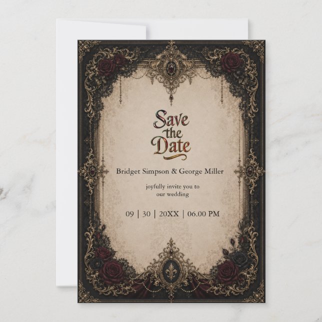 Gothic Victorian Baroque Mediaeval Gold Wedding Invitation (Front)