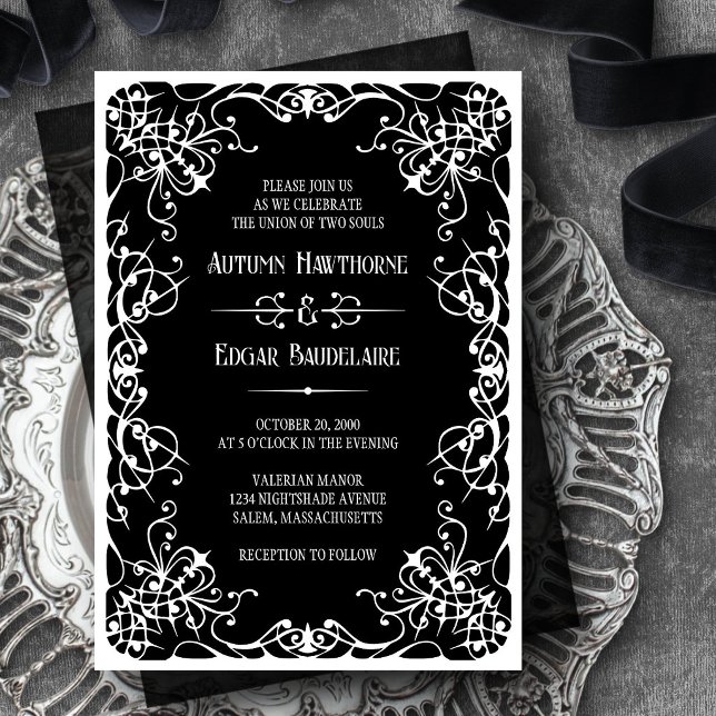 Gothic Victorian Black White Wedding Invitation (Creator Uploaded)