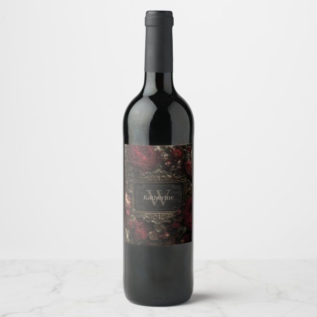 Gothic Victorian Frame with Dark Red Roses Wine Label (Front)