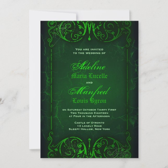 Gothic Victorian Ghoulish Green Wedding Invitation (Front)