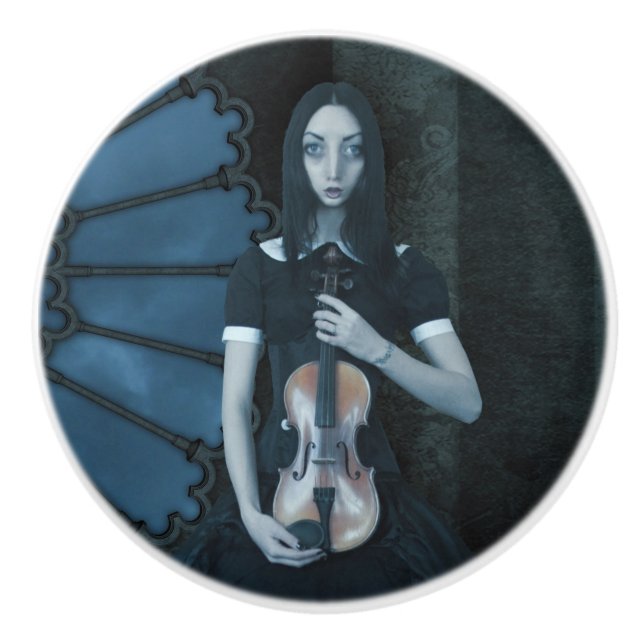Gothic Victorian Girl Holding Violin Dark Fantasy  Ceramic Knob (Front)