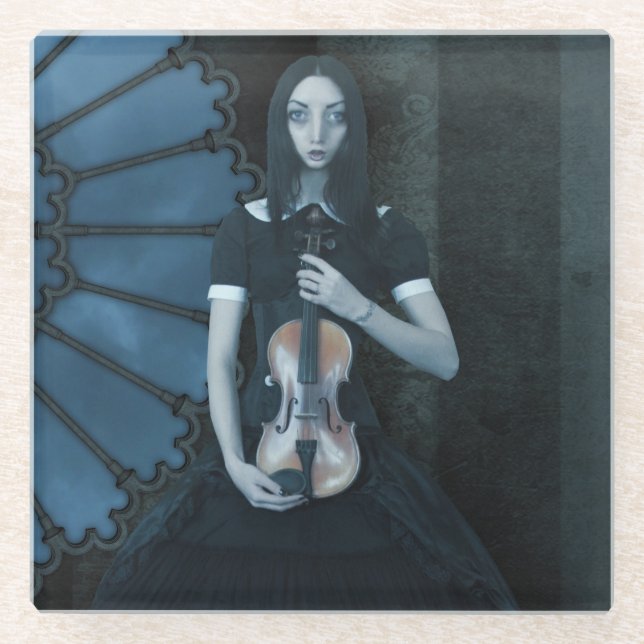 Gothic Victorian Girl Holding Violin Dark Fantasy  Glass Coaster (Front)