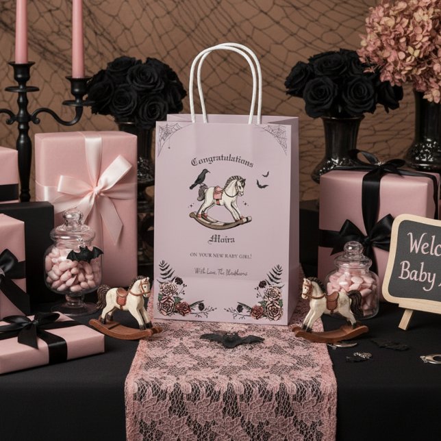 Gothic Victorian Rocking Horse Girl Baby Shower Medium Gift Bag (Elegant Gothic Congratulations Gift Bag for Mother to Be. Cute Spooky Vintage Rocking Horse & Roses)
