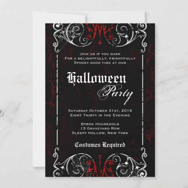 Gothic Victorian Spooky Black Red Halloween Party Invitation (Front)