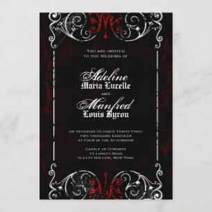 Gothic Victorian Spooky Red, Black & White Wedding Invitation
