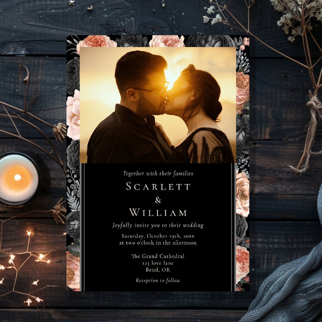 Gothic Vintage Black Blush Classic Photo Wedding Invitation (Creator Uploaded)