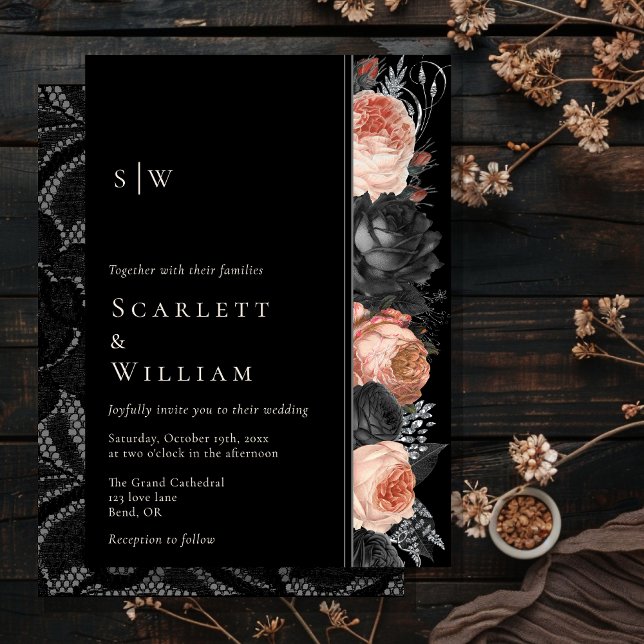 Gothic Vintage Black Blush Monogram Wedding Invitation (Creator Uploaded)