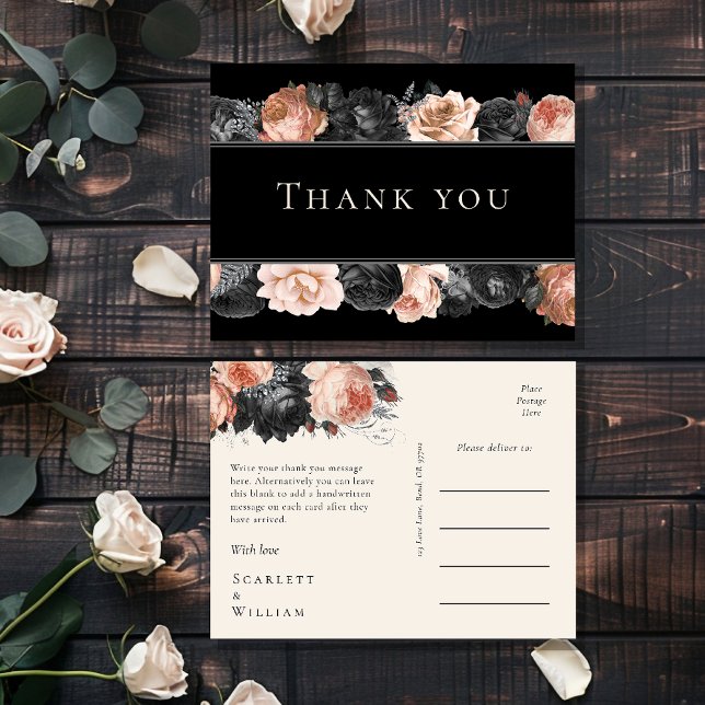 Gothic Vintage Black Blush Wedding Thank You Postcard (Creator Uploaded)