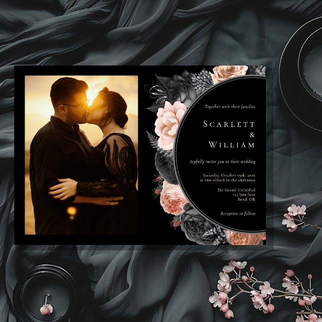 Gothic Vintage Black Horizontal Photo Wedding Invitation (Creator Uploaded)