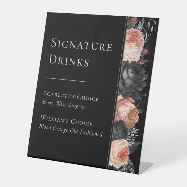 Gothic Vintage Black Wedding Signature Drinks Pedestal Sign (Front)