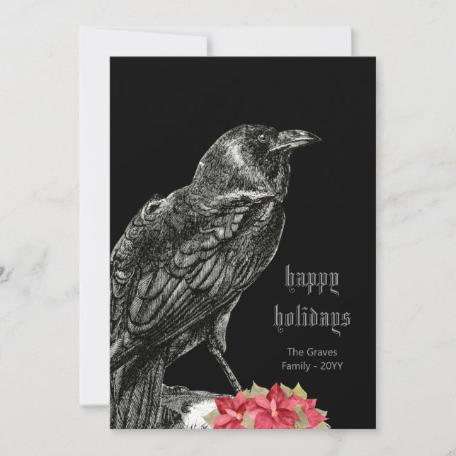 Gothic Vintage Crow Black Happy Holidays Card (Front)