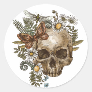 gothic vintage flower skull and butterflies classic round sticker