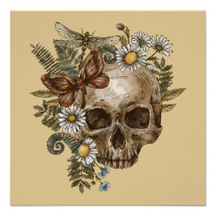 gothic vintage flower skull and butterflies poster