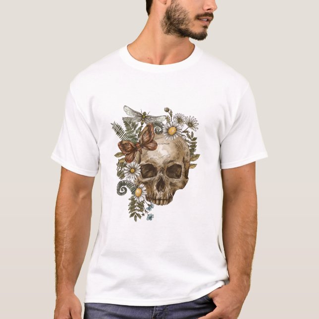 gothic vintage flower skull and butterflies T-Shirt (Front)