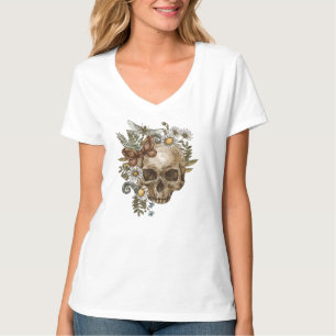 gothic vintage flower skull and butterflies T-Shirt