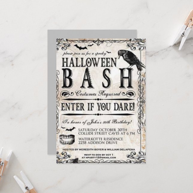 Gothic Vintage Halloween Birthday Party  Invitation (Front/Back In Situ)