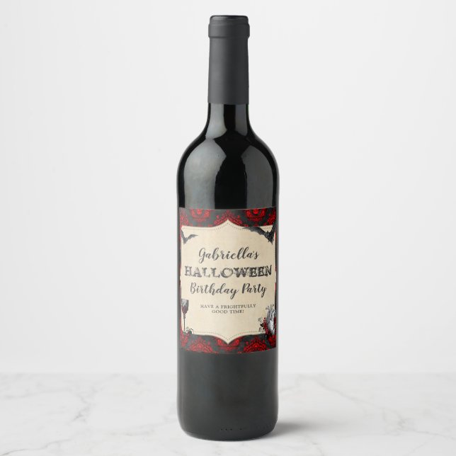 Gothic Vintage Halloween Birthday Party Wine Label (Front)