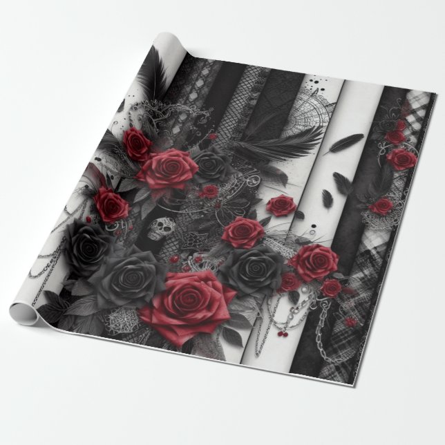 Gothic Vintage Halloween Gift Wrapping Paper (Unrolled)