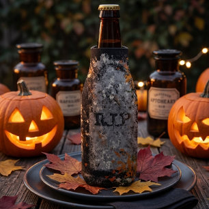 Gothic Vintage R.I.P. Headstone And Fall Leaves Bottle Cooler