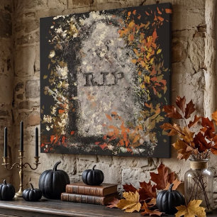 Gothic Vintage R.I.P. Headstone And Fall Leaves Canvas Print