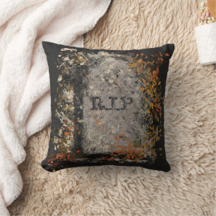 Gothic Vintage R.I.P. Headstone And Fall Leaves Cushion