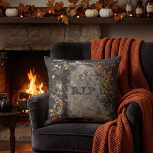Gothic Vintage R.I.P. Headstone And Fall Leaves Cushion