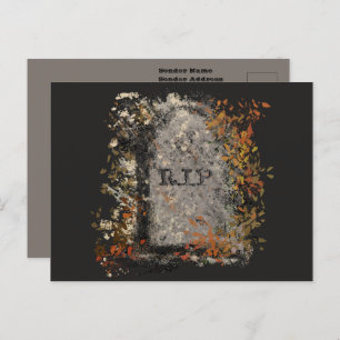 Gothic Vintage R.I.P. Headstone And Fall Leaves Postcard