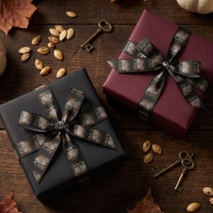 Gothic Vintage R.I.P. Headstone And Fall Leaves Satin Ribbon