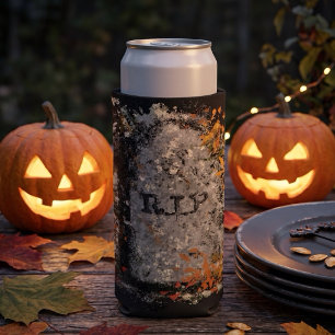 Gothic Vintage R.I.P. Headstone And Fall Leaves Seltzer Can Cooler