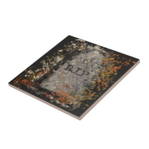 Gothic Vintage R.I.P. Headstone And Fall Leaves Tile