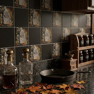 Gothic Vintage R.I.P. Headstone And Fall Leaves Tile