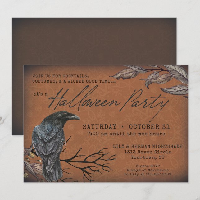 Gothic Vintage Raven Spooky Halloween Invitation (Front/Back)