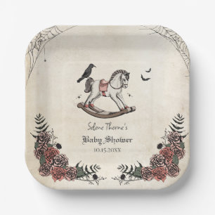 Gothic Vintage Rocking Horse Baby Shower Square Paper Plate