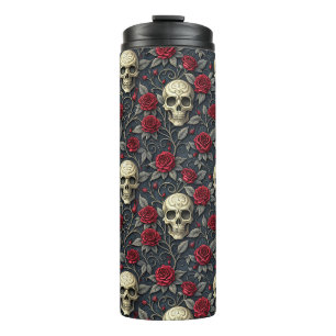 Gothic Vintage Skull and Red Roses Floral Thermal Tumbler