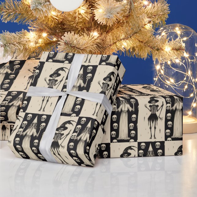 Gothic Vintage Skull and Witch Chequerboard  Wrapping Paper (Holidays)