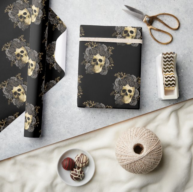 Gothic Vintage Skull Black & Gold Roses  Wrapping Paper (Crafts)