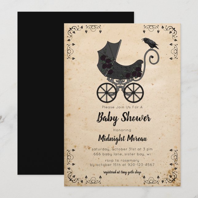 Gothic Vintage Stroller Baby Shower Invitation (Front/Back)