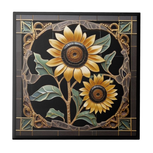 Gothic Vintage Yellow Sunflowers on Black Tile (Front)
