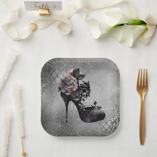 Gothic Vogue | Muted Pastel Rose Fashion Stiletto Paper Plate (Wedding)