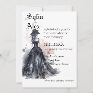 Gothic watercolor floral black wedding  invitation