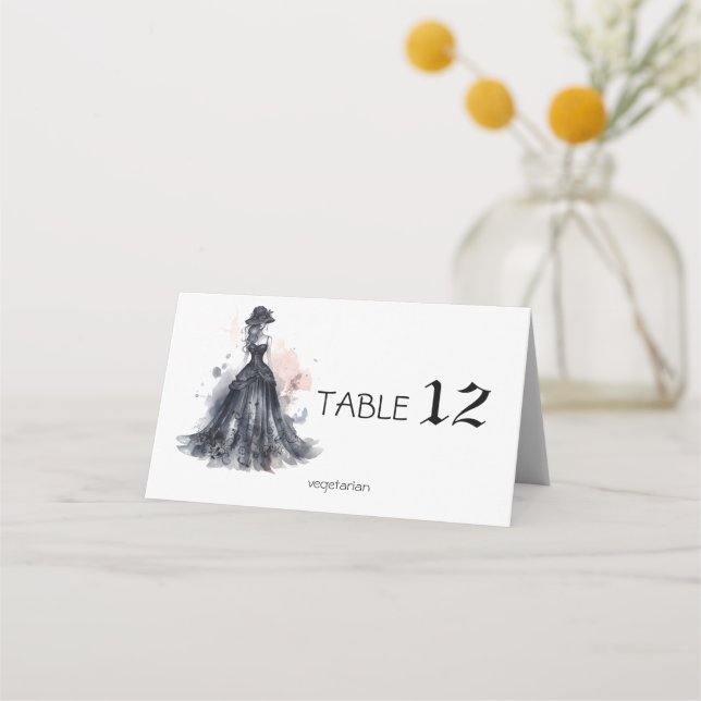 Gothic watercolor floral black wedding  place card (Front)