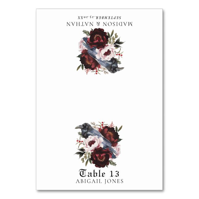Gothic Watercolor Raven Floral Wedding Place Card (Front)
