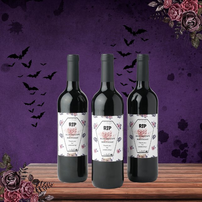 Gothic Watercolor RIP Birthday Coffin Skull Raven  Wine Label (Creator Uploaded)