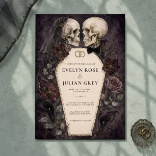 Gothic Watercolor Skull Couple Halloween Wedding Invitation