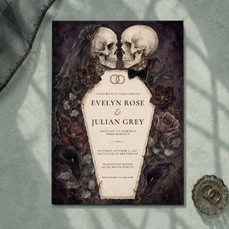 Gothic Watercolor Skull Couple Halloween Wedding Invitation